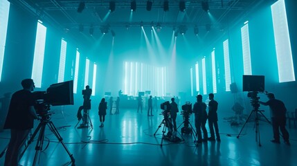 Camera crew filming actors on set with lights and