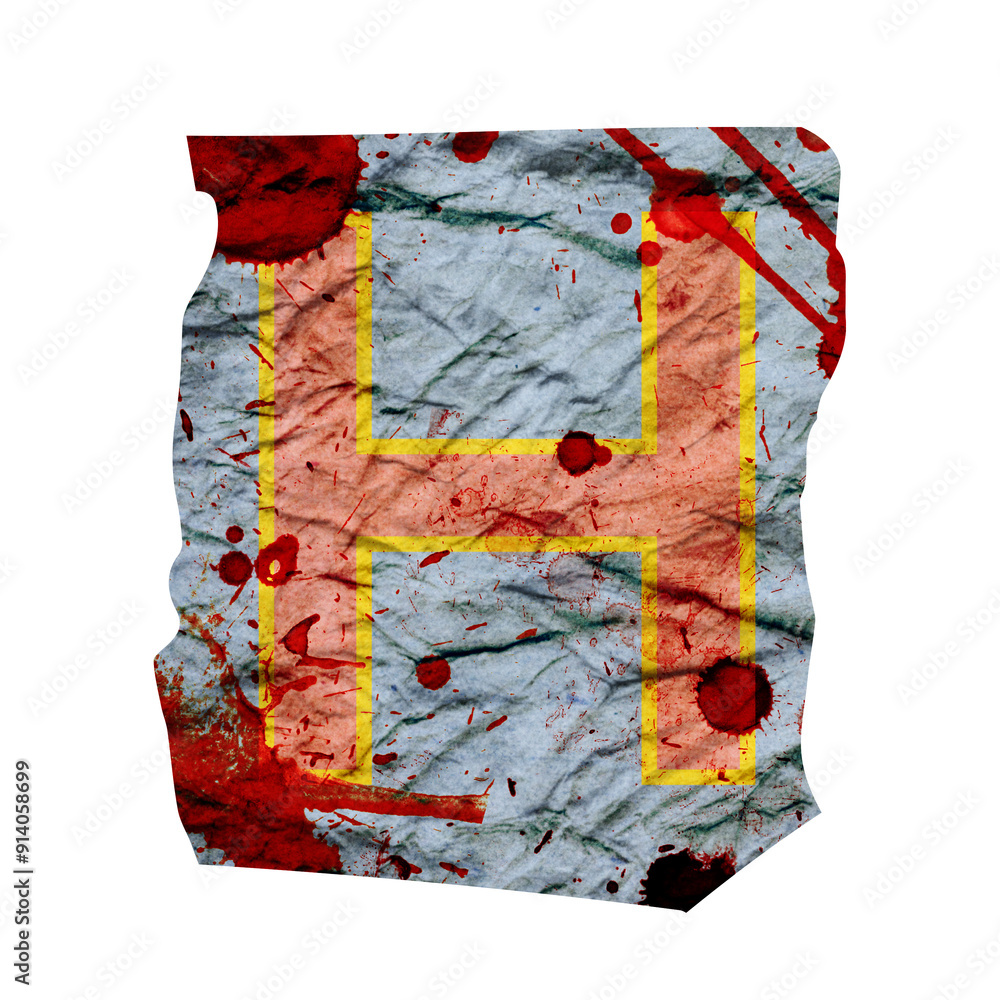 Cut out ransom alphabetic letter with blood splashes and crumpled paper ...