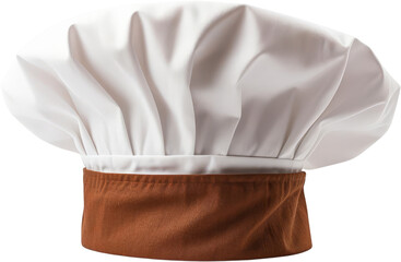 Classic white chef hat with brown band isolated on white background, perfect for culinary themes, kitchen decor, and cooking concepts.