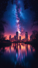 Wall Mural - A bustling city skyline illuminated at night, with towering skyscrapers and shimmering city lights reflecting off a nearby river. Above, the Milky Way stretches across the sky