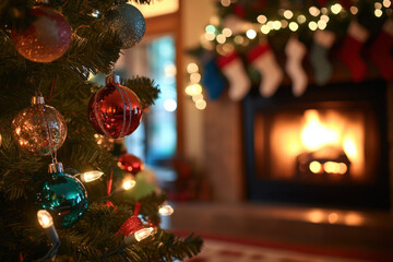 Wall Mural - christmas tree decorated with colorful ornaments is standing in a cozy living room in front of firep