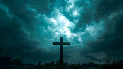 Dramatic Stormy Sky Silhouettes Powerful Cross Symbol of Faith