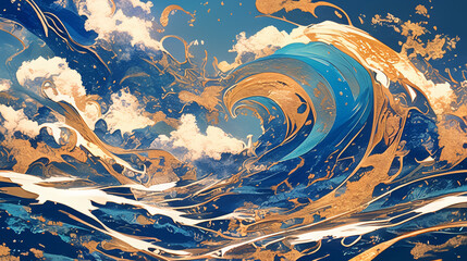 Wall Mural - A stunning digital artwork depicting powerful ocean waves with golden highlights, showcasing the beauty and movement of nature in a vibrant artistic style.