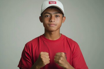 Wall Mural - A Young Man with a White Baseball Cap and Red Shirt