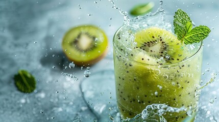 A glass of kiwi juice with fresh juicy kiwi fruit slices with water splash