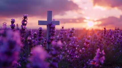 Poster - Peaceful Cross in a Lavender Field at Sunset with Ethereal Purple Glow