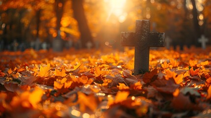 Wall Mural - Autumn Sunset Illuminates Cross Surrounded by Fallen Leaves in Serene Woodland Setting