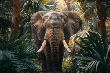 Elephant with big tusks in a tropical park