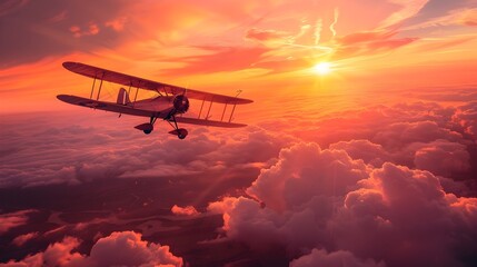 Canvas Print - Vintage Biplane Soaring Through Vibrant Sunset Sky with Golden Glow