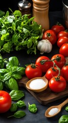 Fresh tomatoes and herbs arranged on a kitchen counter, perfect for cooking and healthy eating inspiration.