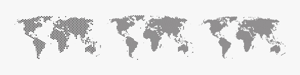 Wall Mural - set of flat earth world maps with hexagonal dots in different resolution. round pixel pattern. moder