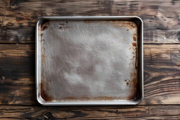 Wall Mural - Pizza baking tray on wooden surface in top view for design mockup