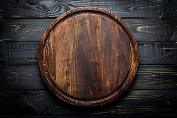 Wall Mural - Top view of rustic wooden tray on black table Copy space for text Food and menu background