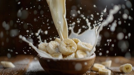 Fresh banana fruit with milk splash closeup macro view