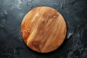 Wall Mural - Wooden pizza platter on black stone kitchen table top view with copy space