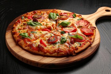 Wall Mural - Wooden pizza board on black background