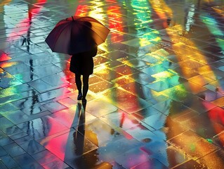 solitary figure walking under a vibrant colorful rain with umbrella on a rainy city street