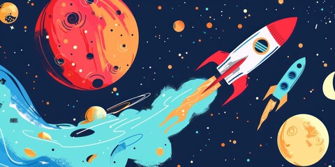 Sticker - rocket launch in space with planets and stars.