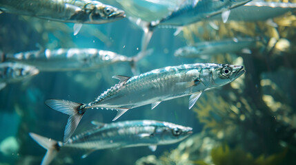 Shiny silver barracudas school together, gliding gracefully through the sparkling ocean waters under the sun.