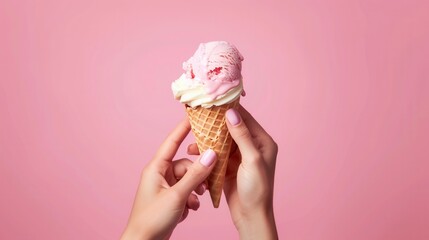 Hand holding a tasty ice cream over plain background