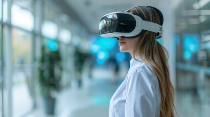 A girl wearing a virtual reality headset indoors. A girl with virtual reality glasses