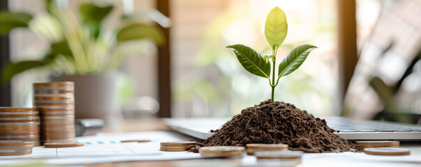 Seedling growing in the coin pile in the office among documents. Business concept.