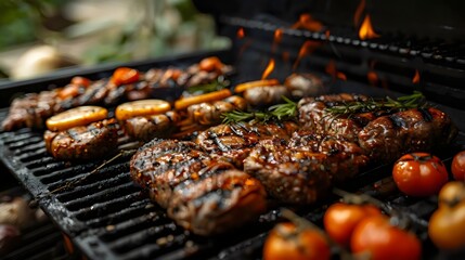 A grill is full of meat and vegetables, including tomatoes, onions, and lemons