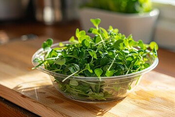 Fresh watercress in a plastic bowl on a wooden board in the kitchen