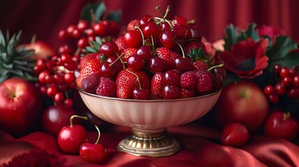 Poster - A bowl of red cherries and strawberries is placed on a red cloth