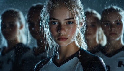 Teenage girl sport team in the rain