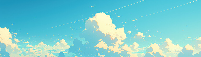 Wall Mural - vibrant illustration of a sunny sky with fluffy clouds and birds flying. perfect for backgrounds, na