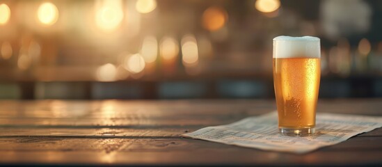 Refreshing beer pint on wooden bar table with warm ambient lighting in cozy pub