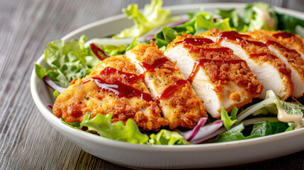 Wall Mural - Crispy breaded chicken breast slices with barbecue sauce served over a fresh green salad in a white bowl, displayed on a rustic wooden table.