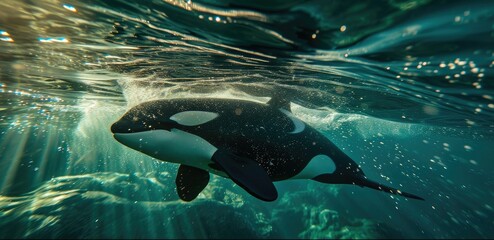 Wall Mural - orca whale gliding beneath ocean surface