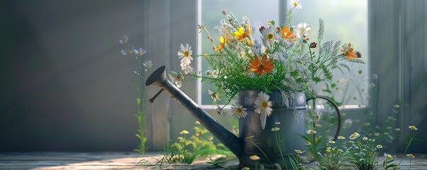 Wall Mural - Whimsical arrangement of wildflowers and grasses in a vintage watering can, 4K hyperrealistic photo