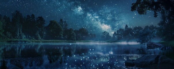 Tranquil forest lake at night with the Milky Way reflected in the water, 4K hyperrealistic photo
