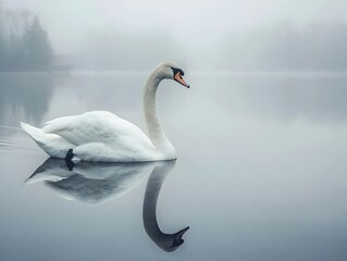 Poster - Graceful Swan Gliding Across Serene Lake with Mirrored Reflection