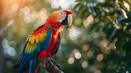 Wall Mural - Vibrant Macaw Perched on Tropical Branch Vivid Feathers Against Green Leaves