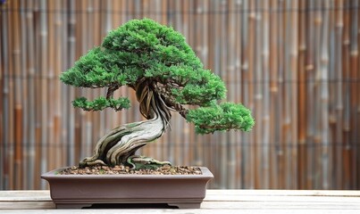 Wall Mural - A bonsai styled, with its roots wrapping around a rugged stone