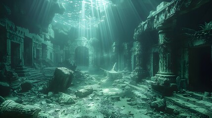 Wall Mural - A computer-generated underwater scene of a lost ancient city, with realistic water caustics and marine life, 8K detail