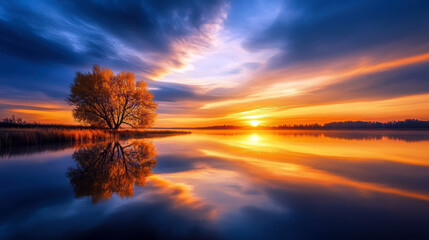 Poster - A tree is reflected in the water of a lake. The sky is orange and the sun is setting