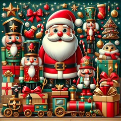 Poster - Christmas decorative banner with funny Santa Claus, nutcracker, locomotive and gift boxes and many others.