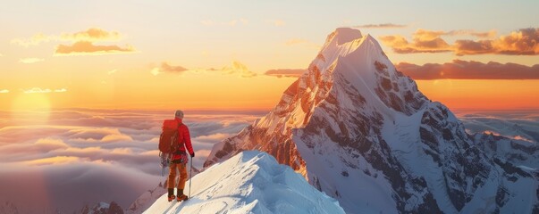 Wall Mural - Rocky mountain peak with a climber reaching the summit at sunrise, 4K hyperrealistic photo