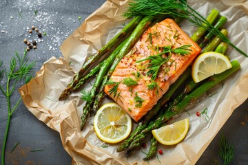 Top view of baked salmon asparagus herbs and lemon on baking paper