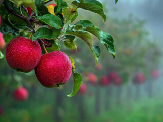 Two red apples hanging from a tree. The apples are shiny and wet. Concept of freshness and abundance