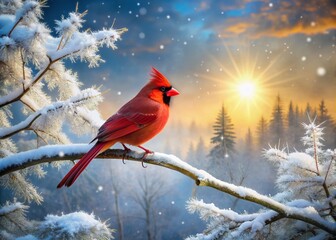 Canvas Print - Vibrant red cardinal perches on frosty winter tree branch, snowflakes gently falling around it, as it gazes out at serene forest landscape in morning sunlight.