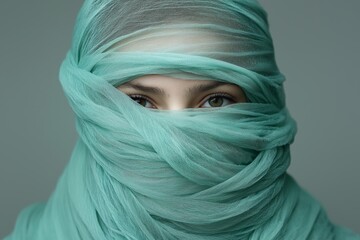 Poster - A close-up portrait of a person with mint green fabric wrapped around their head, revealing only their striking eyes