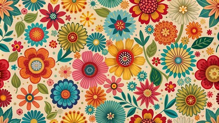 Wall Mural - Vibrant flowers in various colors repeat in a seamless granny chic style pattern, set against a mid-century modern vector background, evoking a handmade, nostalgic feel.