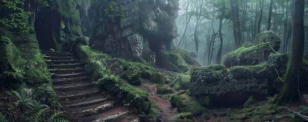 Wall Mural - Mysterious forest path leading to a hidden clearing with ancient ruins, 4K hyperrealistic photo