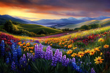 Wall Mural - A painting of a field of flowers with a mountain in the background. The painting has a serene and peaceful mood, with the bright colors of the flowers and the calmness of the landscape